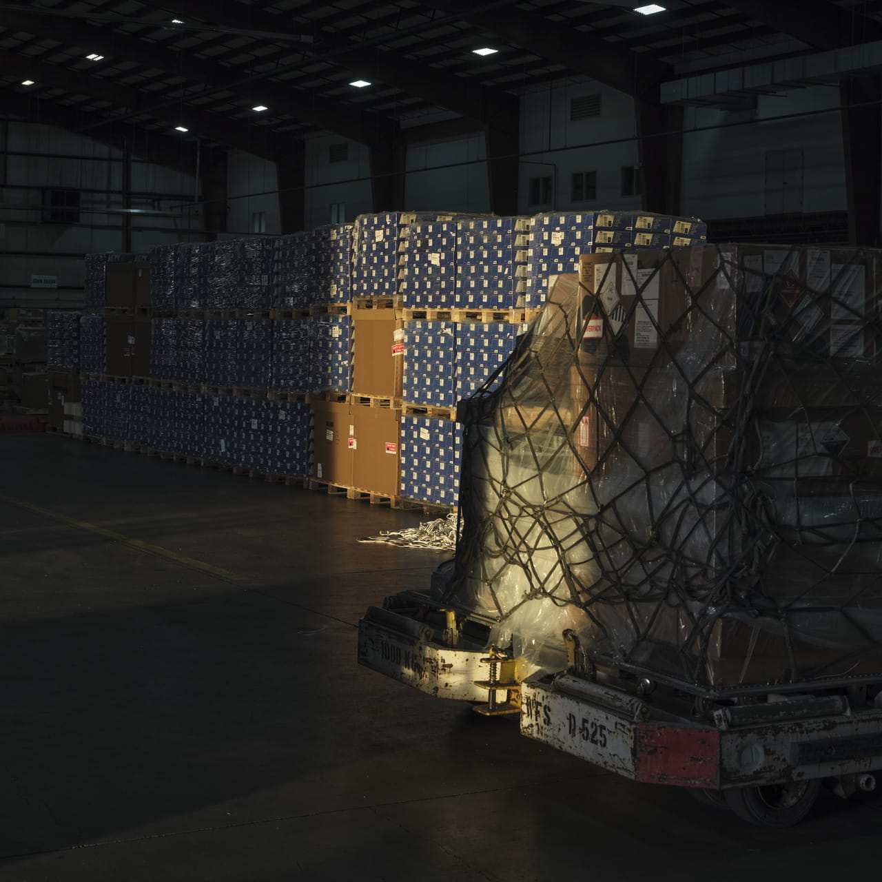 Pallets loaded with goods, secured with plastic wrap and netting, ready for transport or storage